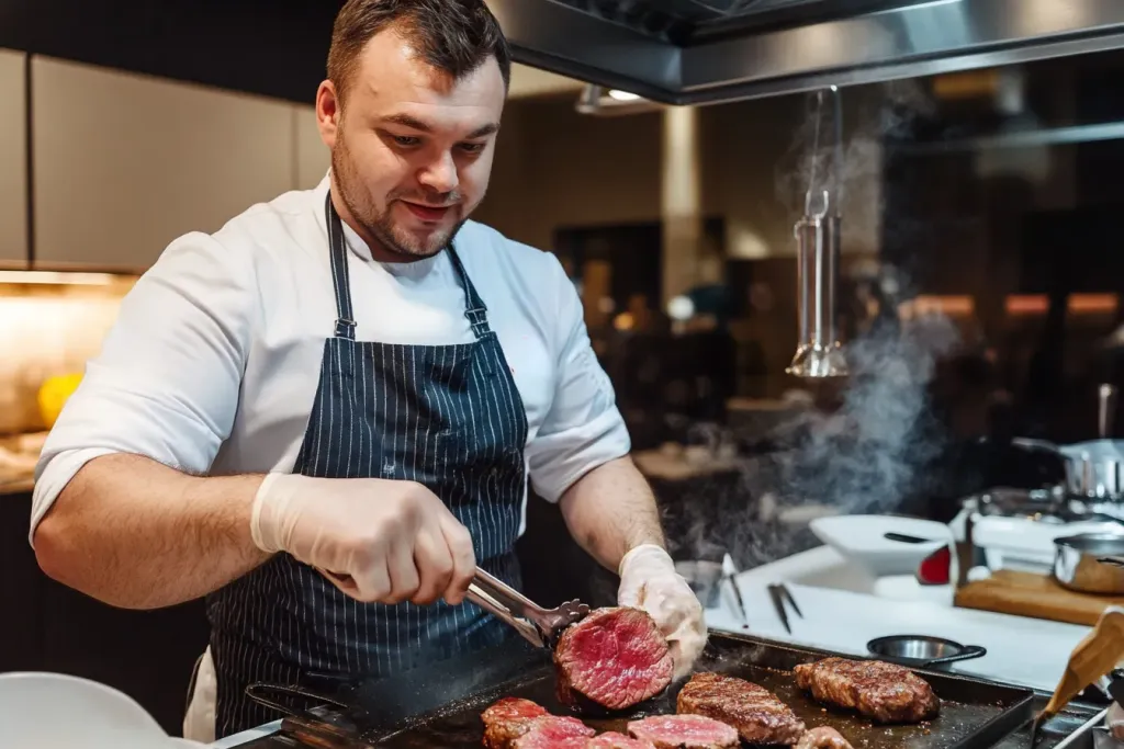 Грузинская кухня в CulinaryOn — повар жарит стейки на гриле