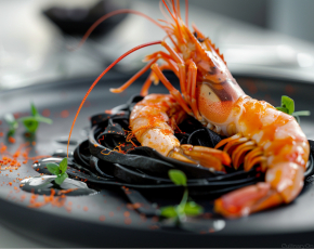 Черные лингвини с лангустиновыми креветками в CulinaryOn