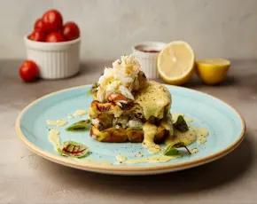 Картофельные вафли с крабом, томатом и соусом Пекорино в CulinaryOn