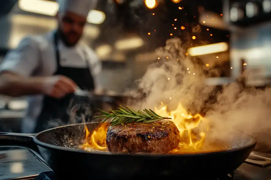 Мастер-класс для мужчин в CulinaryOn — стейк с гарниром и соусом в сковороде